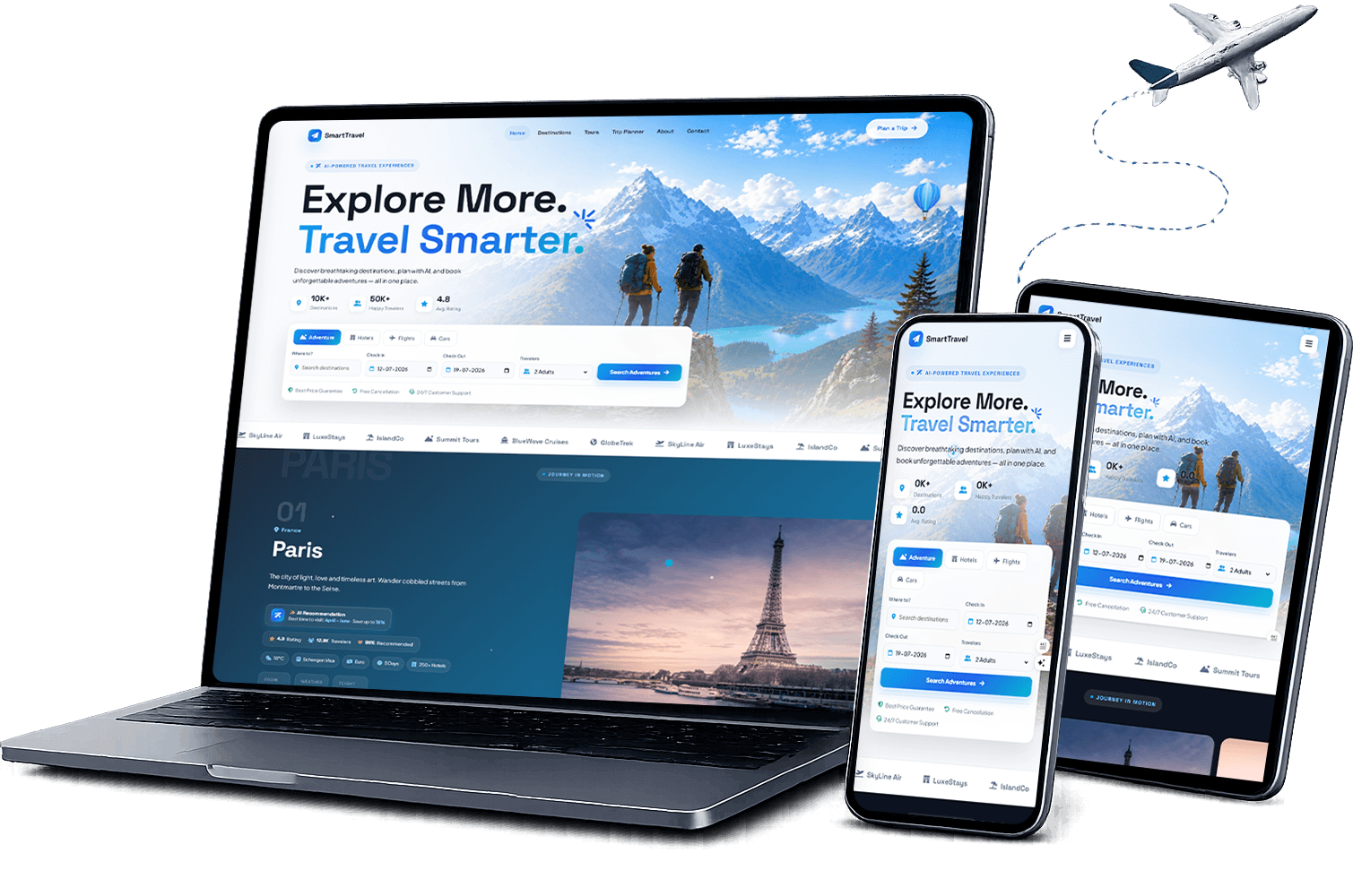 Travelite travel template shown on laptop, phone and tablet