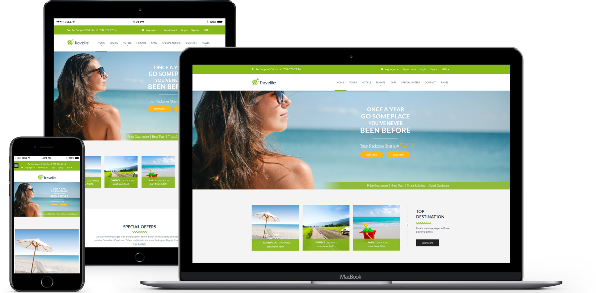 Responsive travel website on laptop, tablet and phone
